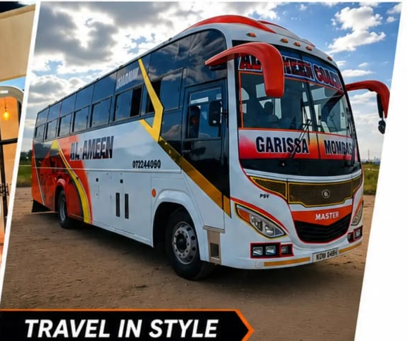 Al-Ameen Coach bus parked on the Garissa–Mombasa route